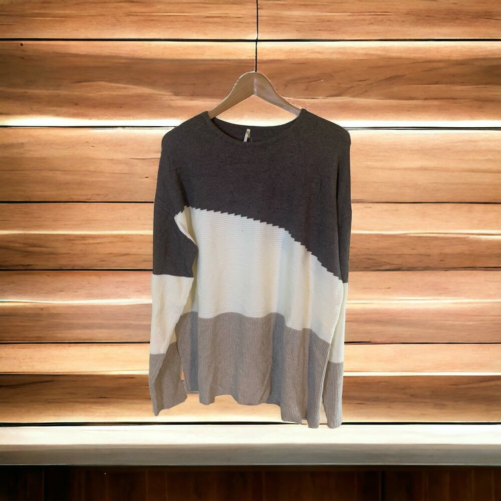 Nine 1 Eight Womens Sweater 3XL Olive White Color Block Long Sleeve Crew Neck
